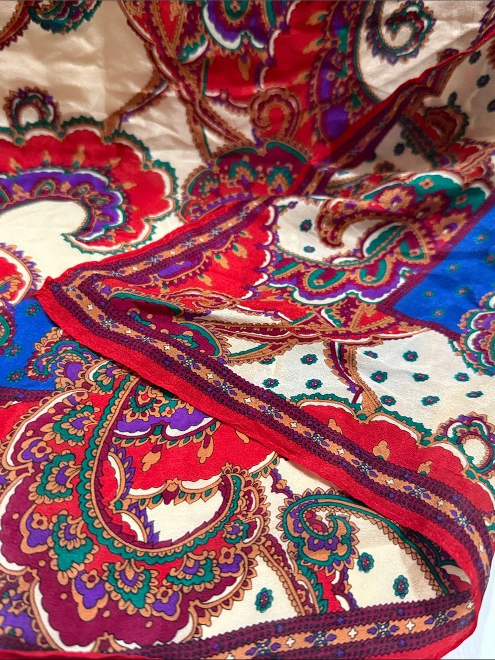 Vintage 1960’s Paisley delicate Silk Scarf in Red, Blue & Cream